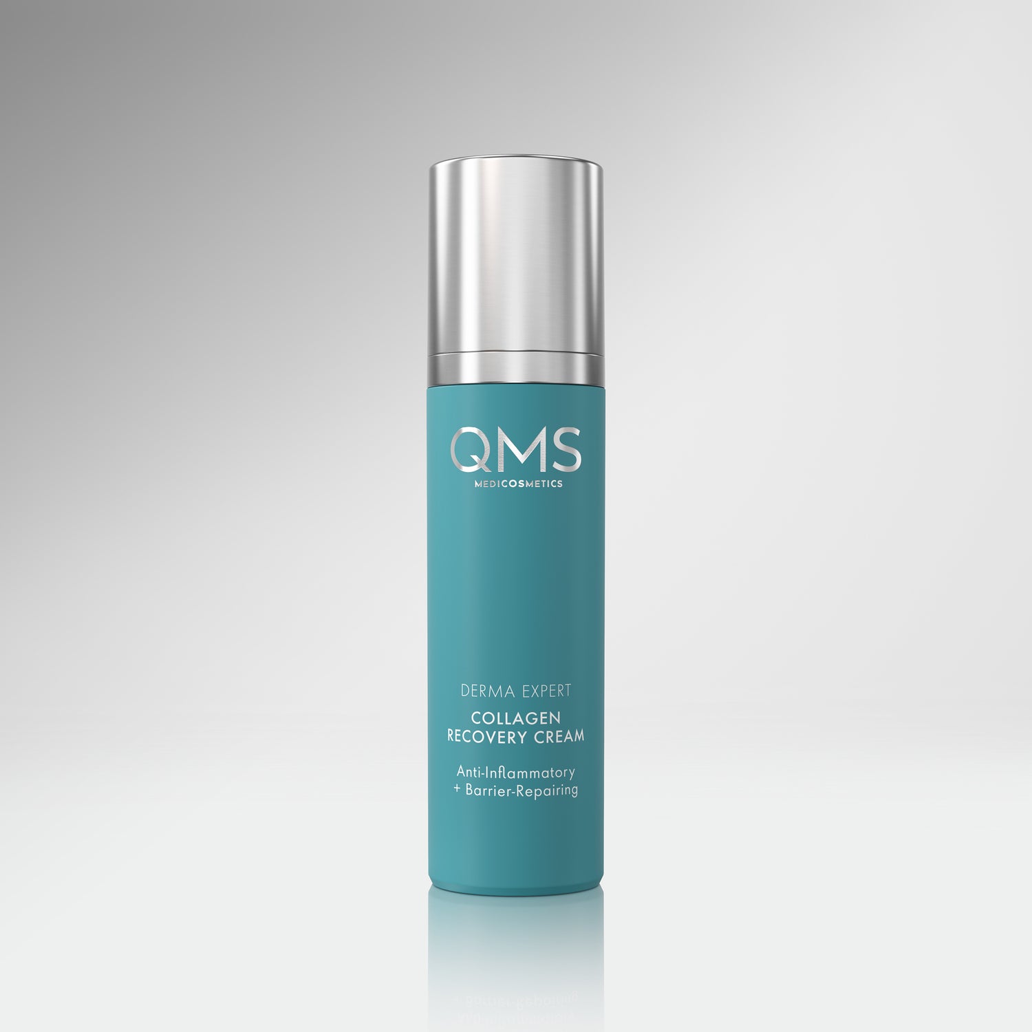 QMS Medicosmetics Derma Expert Collagen Recovery Cream bottle with silver cap, labeled Anti-Inflammatory and Barrier-Repairing.