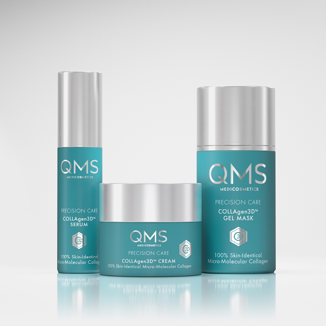 QMS Medicosmetics Precision Care Collagen 3D Serum, Cream, and Gel Mask.