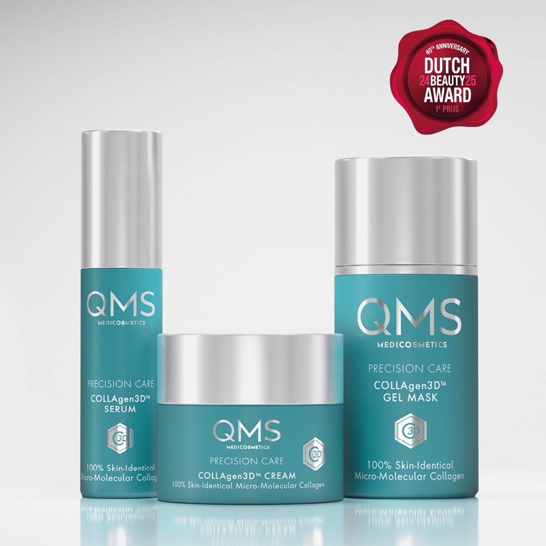 “QMS Medicosmetics Precision Care Collagen3D Serum, Cream, and Gel Mask.