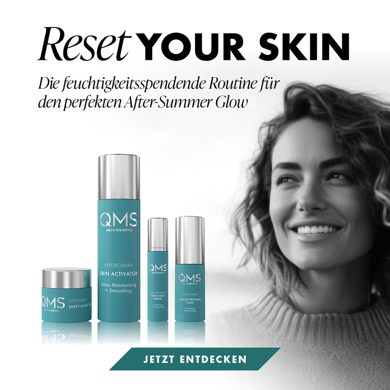 QMS Medicosmetics Hydromax Skin Activator, Sheet Mask, Even Skin Serum, and Liquid Protein Fluid featured alongside smiling woman with tagline 'Reset Your Skin.
