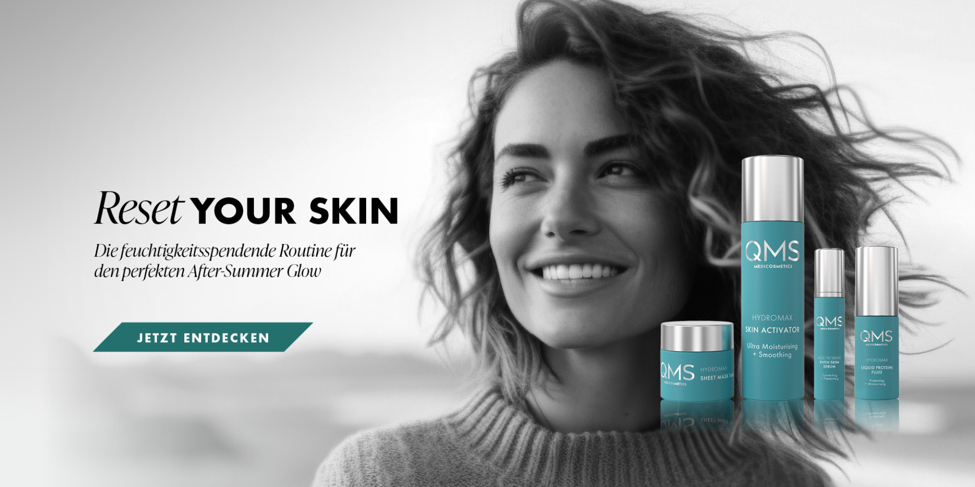 QMS Medicosmetics Hydromax Skin Activator, Sheet Mask, Even Skin Serum, and Liquid Protein Fluid featured alongside smiling woman with tagline 'Reset Your Skin.