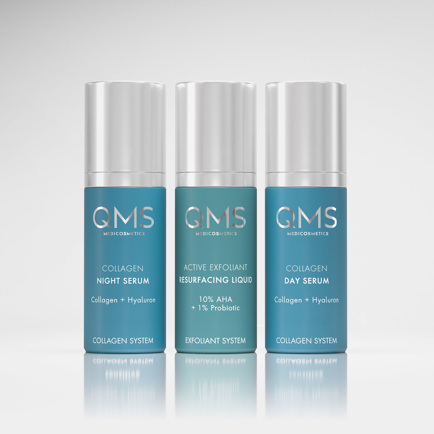 Three QMS Medicosmetics skincare bottles standing side by side: Collagen Night Serum, Active Exfoliant Resurfacing Liquid, and Collagen Day Serum.