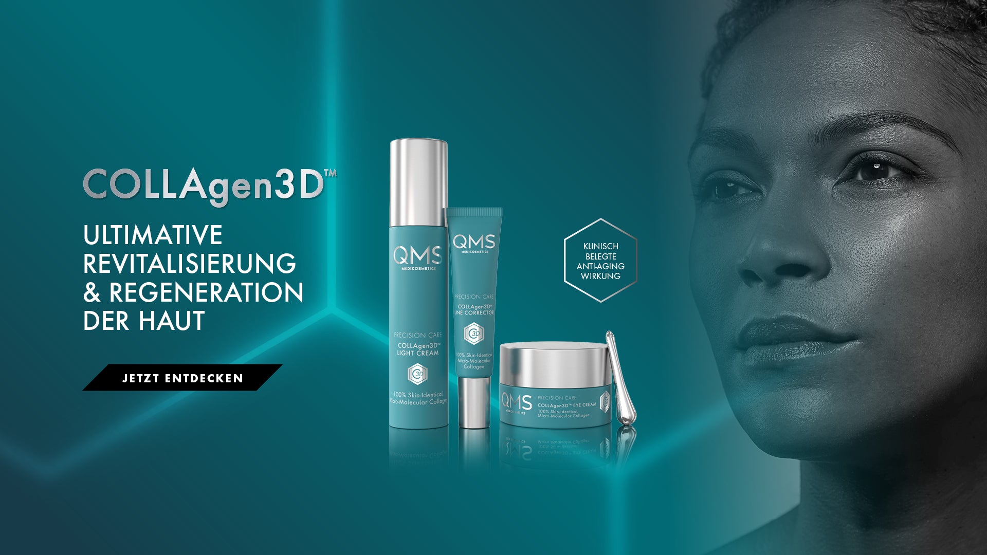 QMS Medicosmetics COLLAgen3D skincare products with light cream, line corrector, and eye cream jar beside a grayscale portrait of a woman. Text reads: ultimate revitalization and regeneration of the skin, clinically proven anti-aging effect.