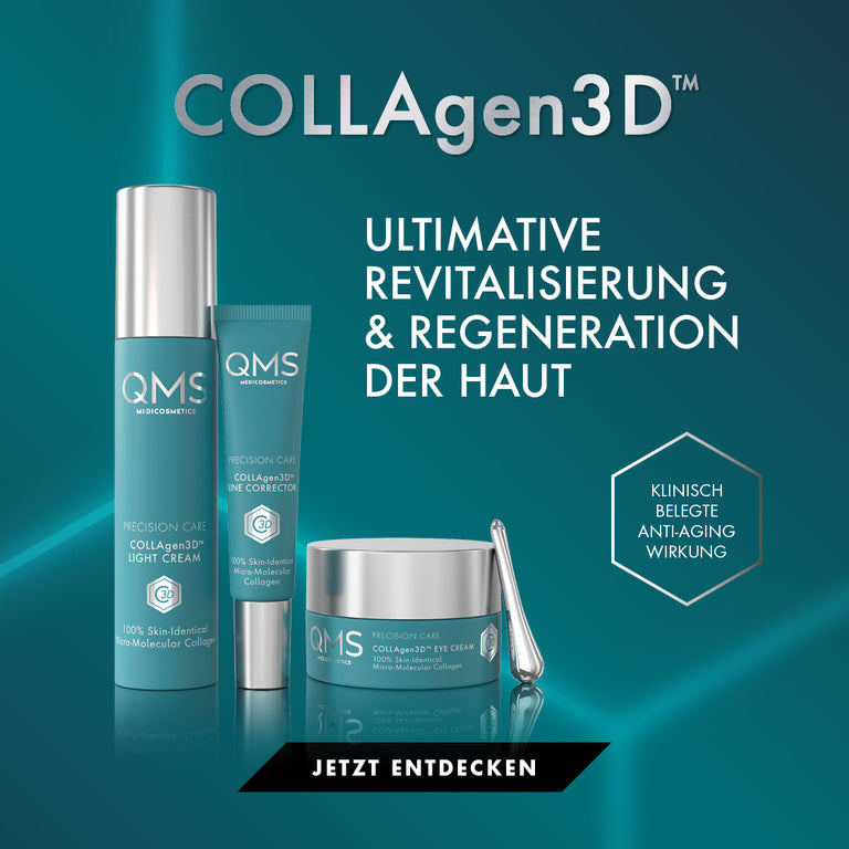 QMS Medicosmetics COLLAgen3D skincare products with light cream, line corrector, and eye cream jar beside a grayscale portrait of a woman. Text reads: ultimate revitalization and regeneration of the skin, clinically proven anti-aging effect.