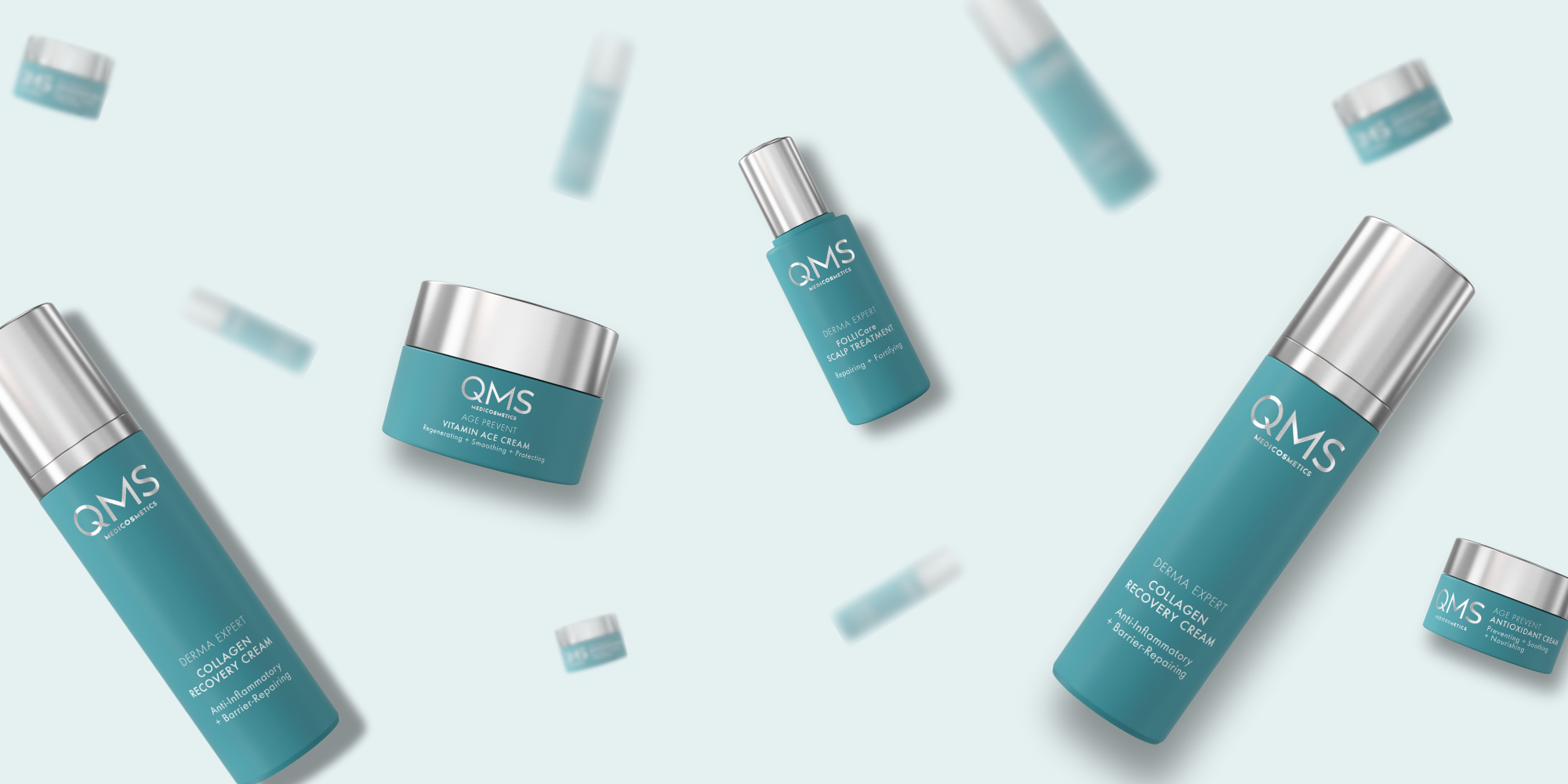 QMS Medicosmetics skincare products arranged on a light background.